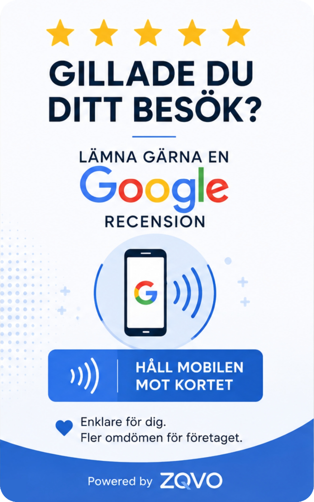 ZQVO Review Card, 70 × 100 mm i premiumakryl: ”Gillade du ditt besök? Lämna gärna en Google-recension – håll mobilen mot kortet”