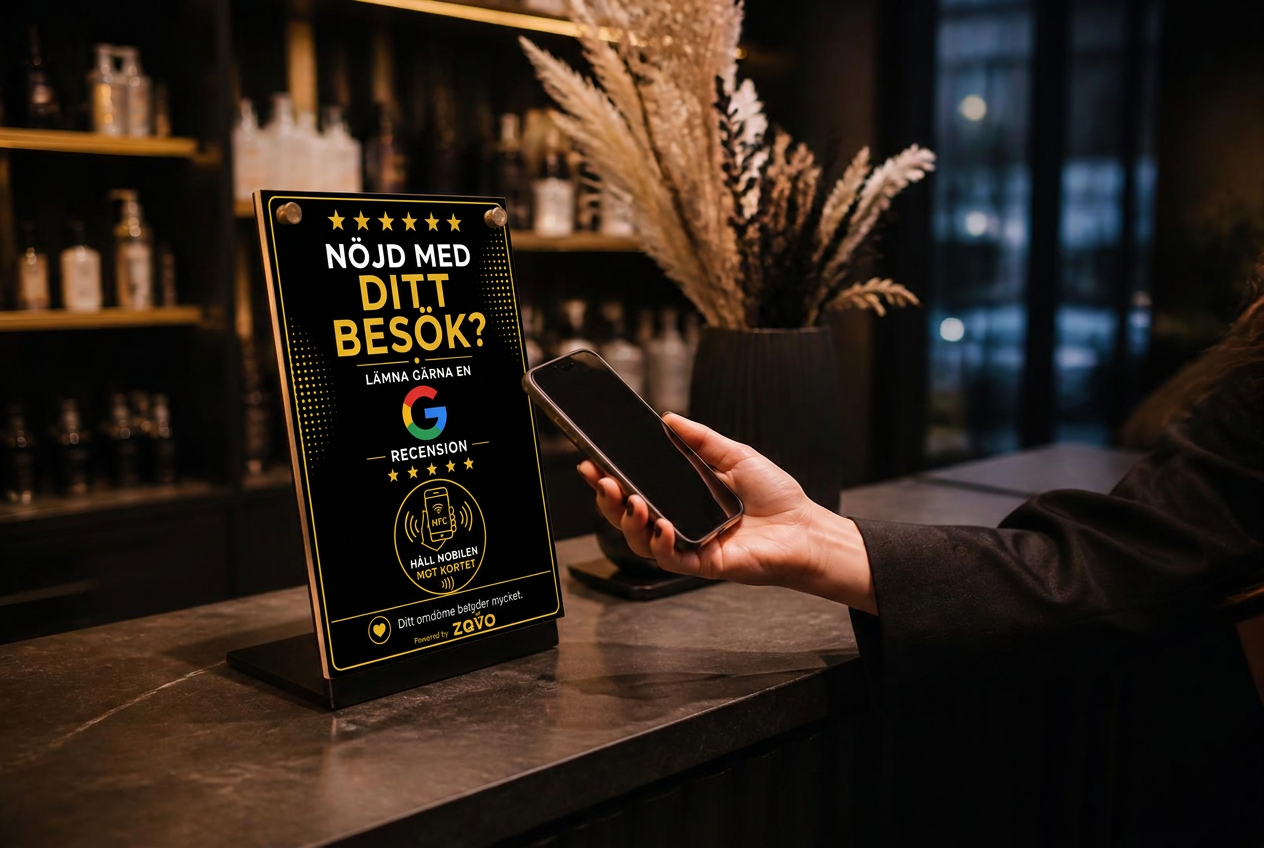 Kund håller sin mobil mot ZQVO-kortet i svart och guld som står på disken i en premiummiljö